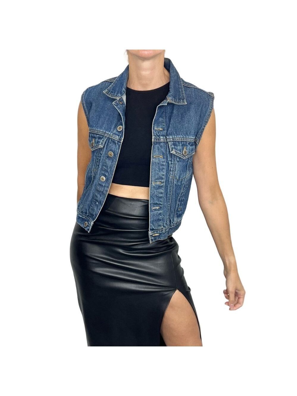 Vintage up cycled 100% cotton denim distressed jean vest M
